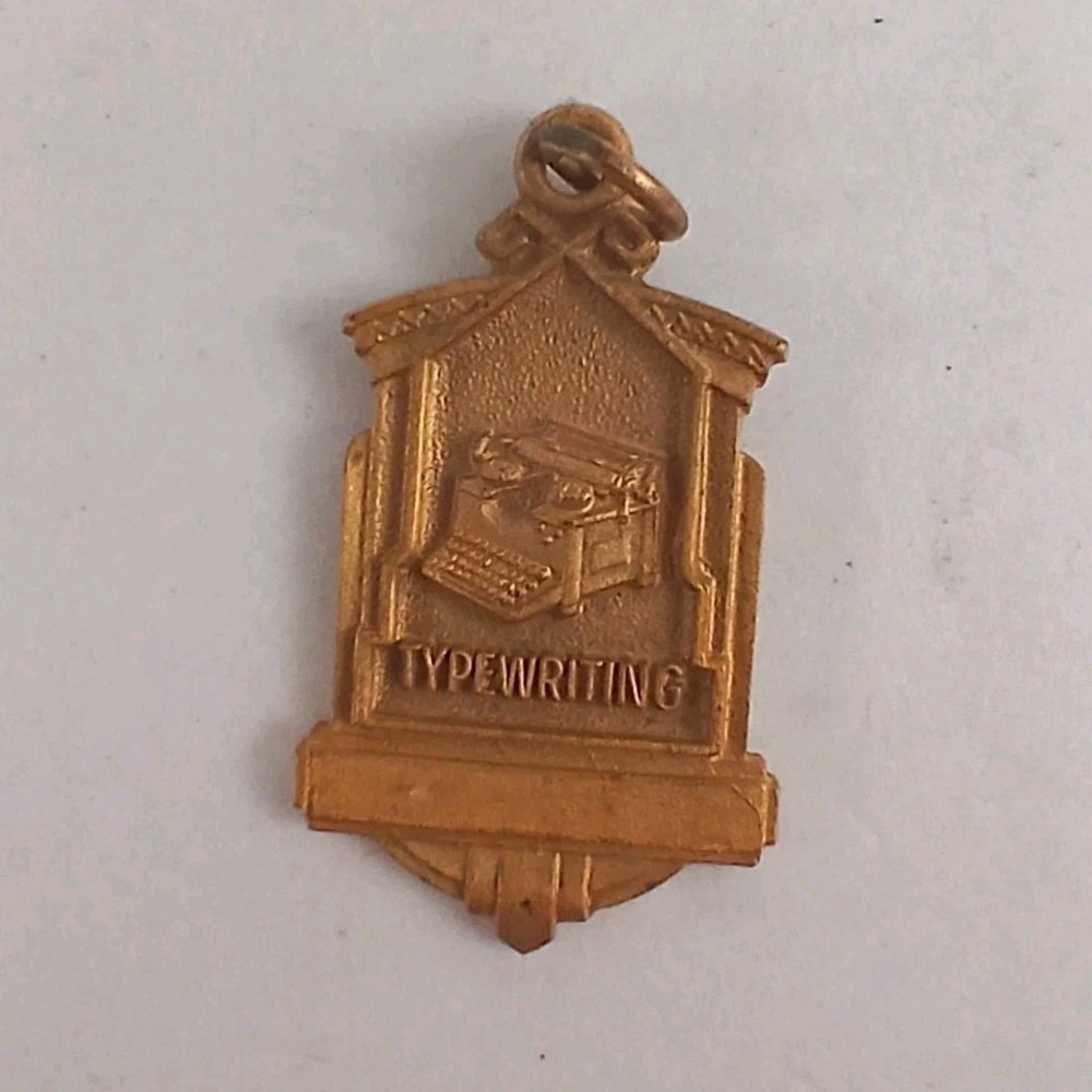 Vintage Typewriting Charm Pendant Art Deco Gold Tone Metal Award Typing
